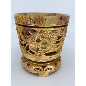 Vintage Chinese Carved Soapstone Brush Pot Dragon Reticulated Openwork 4.75"